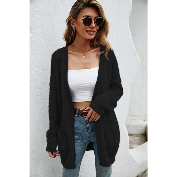 Open Front Openwork Fuzzy Cardigan with Pockets - Picture 5 of 11